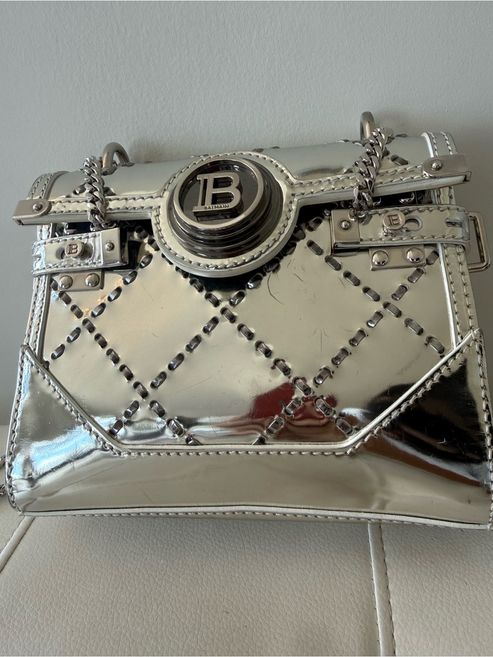 Balmain Silver Metallic Quilted Chain Crossbody - Picture 3 of 13